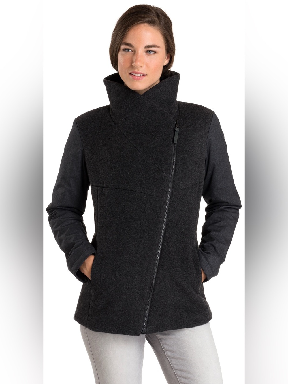 MEC Aurina Jacket with Asymmetrical Front Zipper and Wide Cowl Collar
